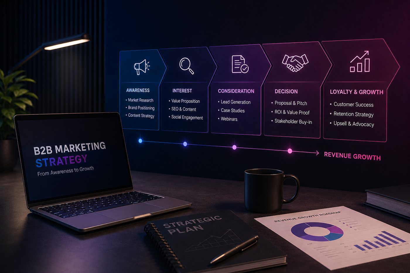 Diagram strategi marketing B2B lima tahap, dari awareness dan interest hingga decision serta loyalty and growth menuju pertumbuhan pendapatan